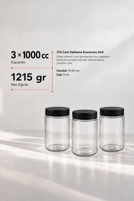 3’lü Diamond Cam Saklama Kavanozu Seti 1000 cc
