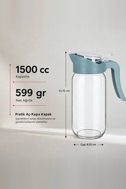 Derya Serisi Pratik Kapaklı Cam Sürahi 1500 cc