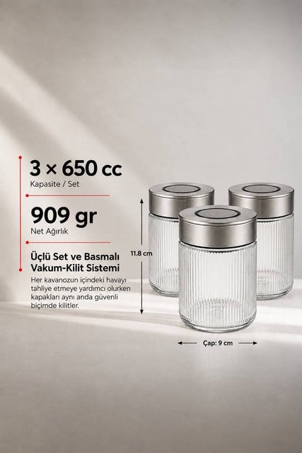 3lü Premium Airtight Diamond Cam Saklama Kavanozu Seti 650 cc