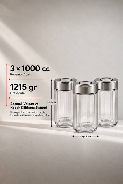 3lü Premium Airtight Diamond Cam Saklama Kavanozu Seti 1000 cc