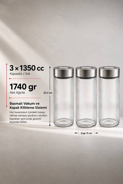 3lü Premium Airtight Diamond Cam Saklama Kavanozu Seti 1350 cc
