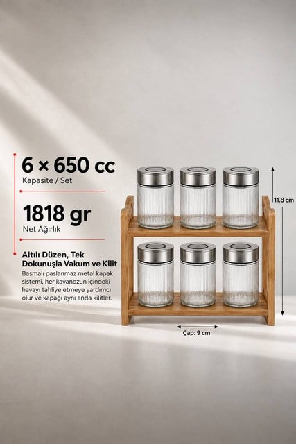 6lı Premium Airtight Diamond Cam Saklama Kavanozu Seti 650 cc