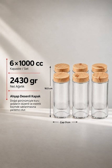 6’lı Ahşap Desenli Kapaklı Cam Saklama Kavanozu Seti 1350 cc
