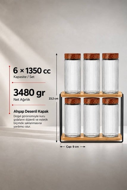 6’lı Ahşap Desenli Kapaklı Cam Saklama Kavanozu Seti 1350 cc