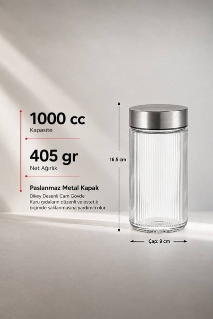 Metal Kapaklı Cam Saklama Kavanozu  1000 cc