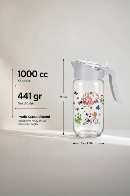 Desenli Kapaklı Cam Sürahi 1000 cc