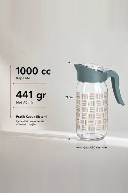 Desenli Kapaklı Cam Sürahi 1000 cc