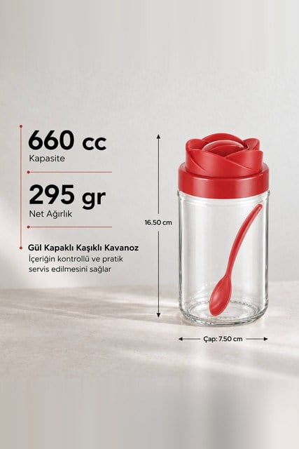 Gül Kapaklı Kaşıklı Cam Kavanoz 660 cc