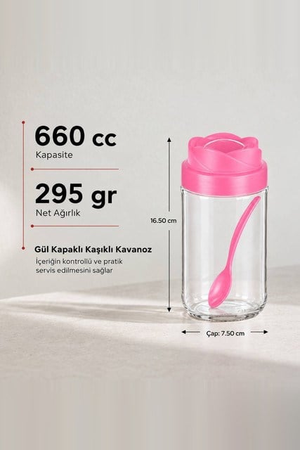 Gül Kapaklı Kaşıklı Cam Kavanoz 660 cc