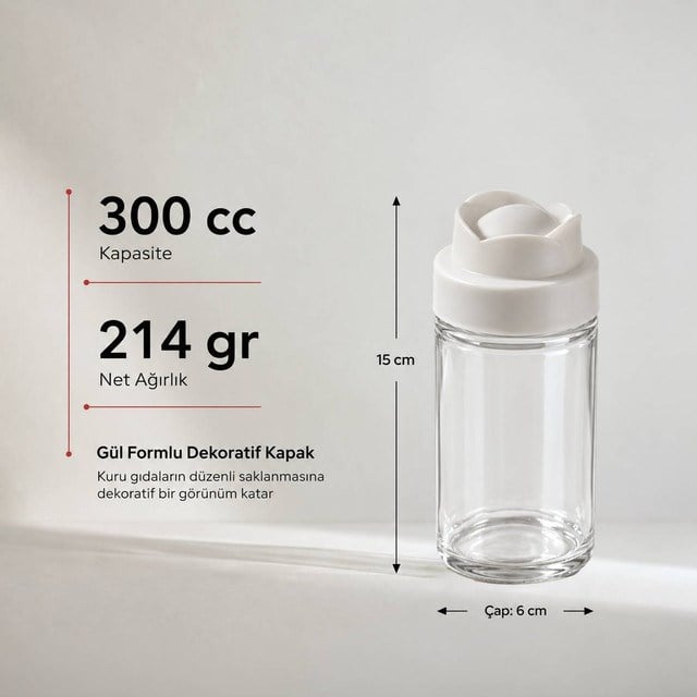 Gül Tasarımlı Kapaklı Cam Saklama Kavanozu 300 cc