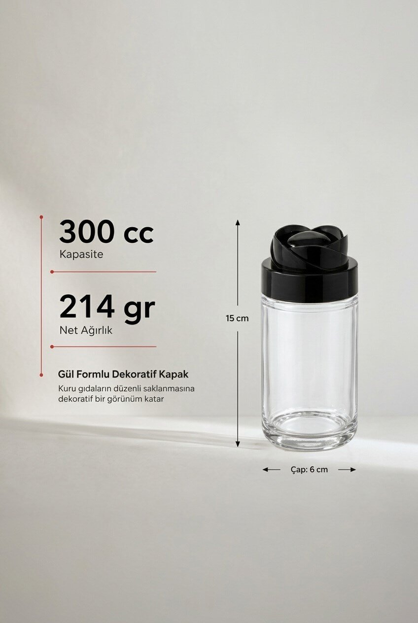 Gül Tasarımlı Kapaklı Cam Saklama Kavanozu 300 cc