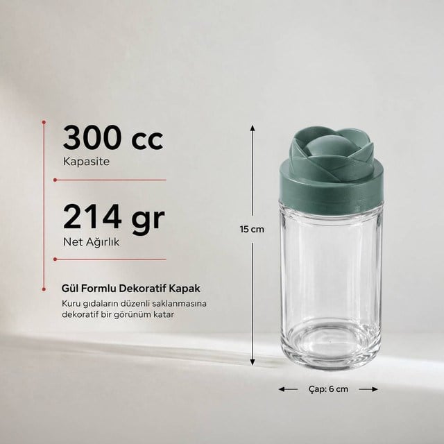 Gül Tasarımlı Kapaklı Cam Saklama Kavanozu 300 cc