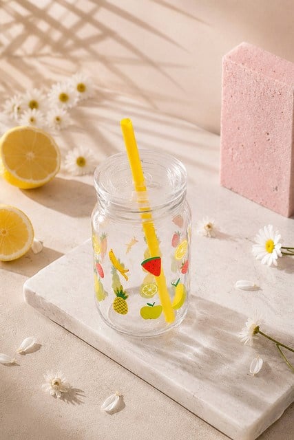 Vakum Kapaklı Pipetli Cam Bardak 380 cc