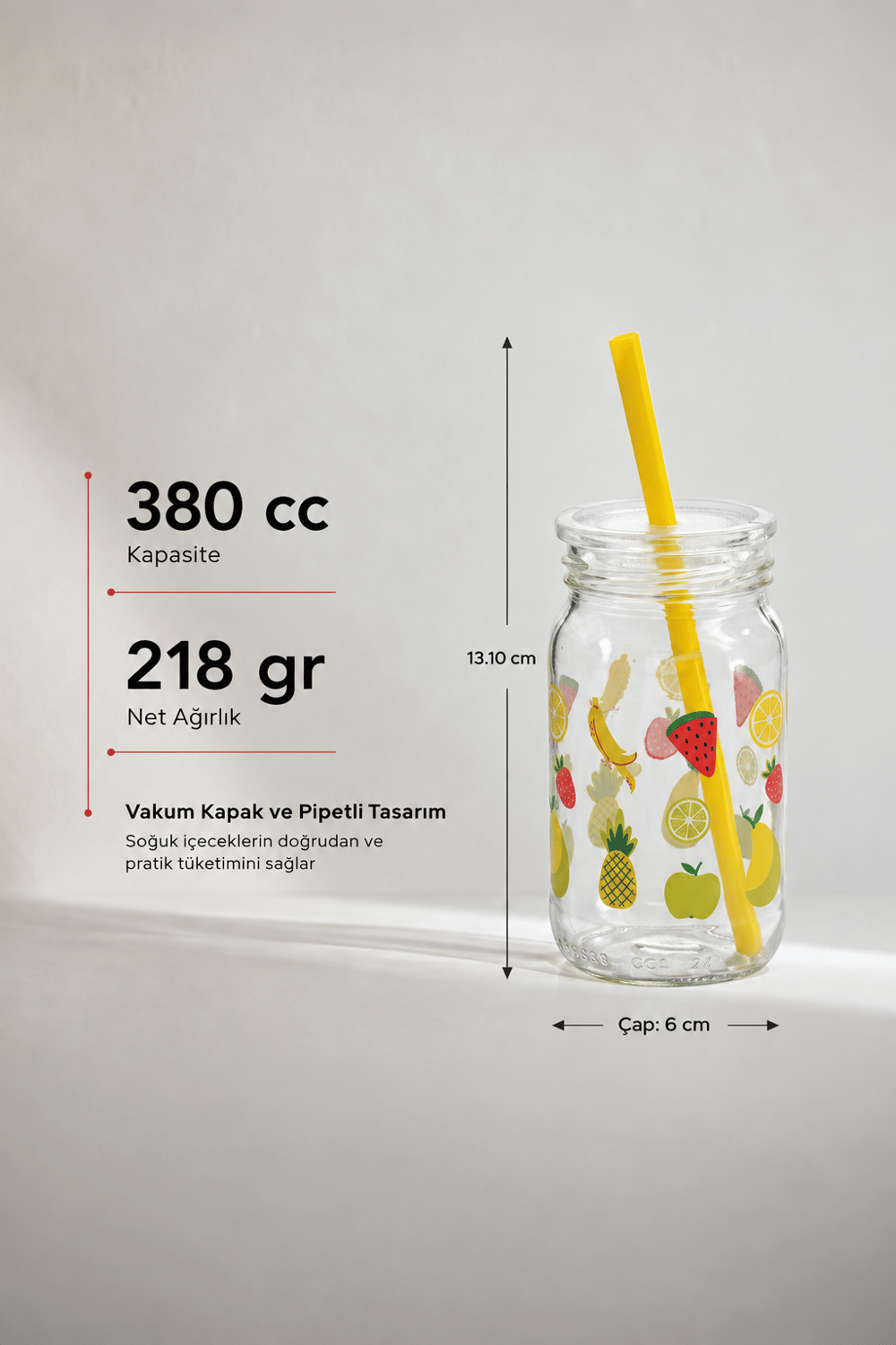 Vakum Kapaklı Pipetli Cam Bardak 380 cc