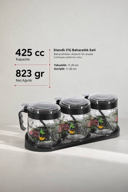 Standlı 3’lü Desenli Cam Baharatlık Seti 415 cc