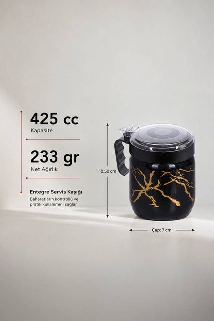 Siyah Gold Desenli Kaşıklı Cam Baharatlık 425 cc