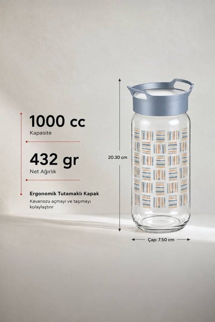 Sarina Desenli Kulplu Cam Kavanoz 1000 cc