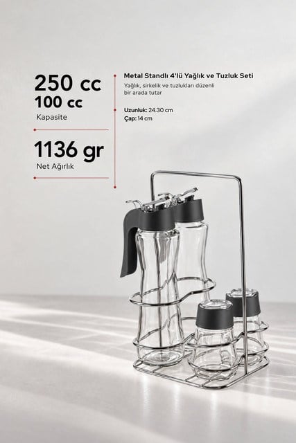 Sarina Metal Standlı 4’lü Yağlık, Sirkelik ve Tuzluk Seti