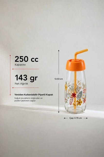 Sarina Desenli Pipetli Cam Meyve Suyu ve İçecek Şişesi 250 cc