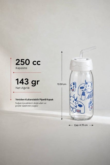Sarina Desenli Pipetli Cam Süt ve İçecek Şişesi 250 cc