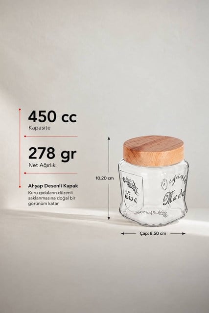 Gravür Desenli Cam Kavanoz 450 cc Ahşap Desenli Kapaklı