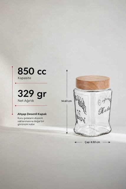 Gravür Desenli Ahşap Kapaklı Cam Kavanoz 850 cc