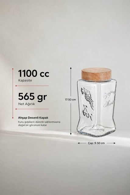Gravür Desenli Ahşap Kapaklı Cam Kavanoz 1100 cc