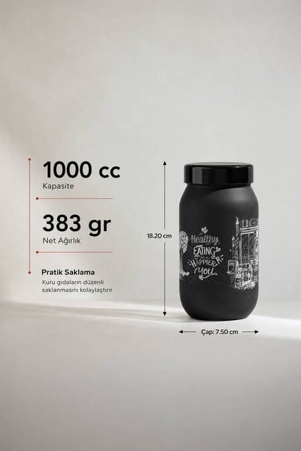 Mat Siyah Cam Saklama Kavanozu 1000 cc