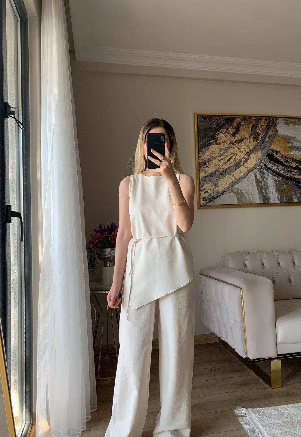 Bağcıklı Asimetrik Bluz Pantolon Takım