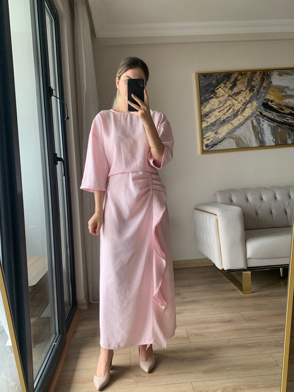 Volanlı Toz Pembe ZR Elbise