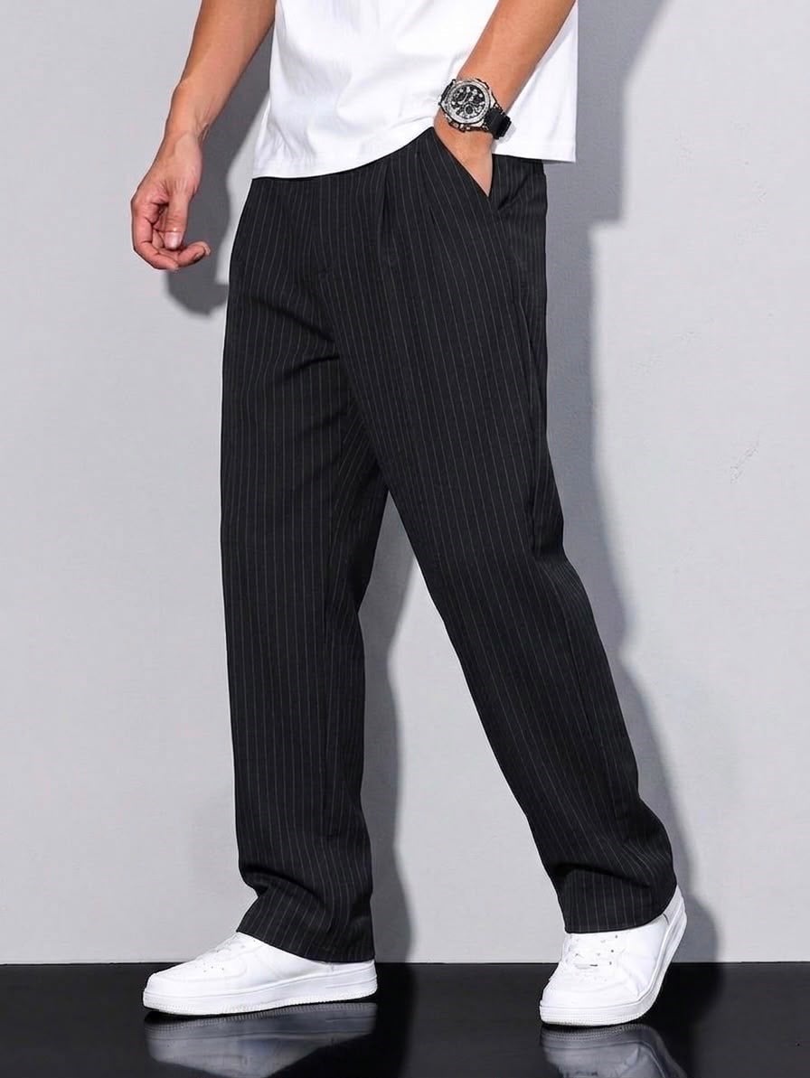 Baggy Çizgili Pantolon Siyah
