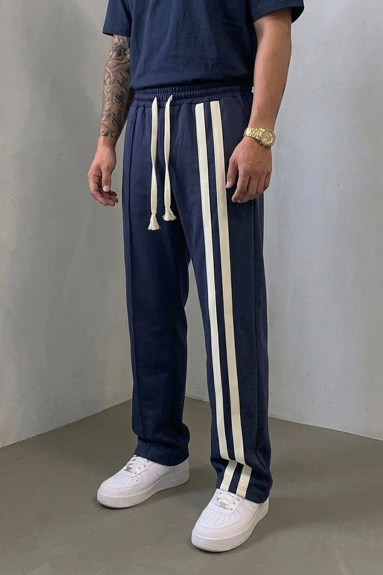 Çift Çizgili Baggy Eşofman Lacivert