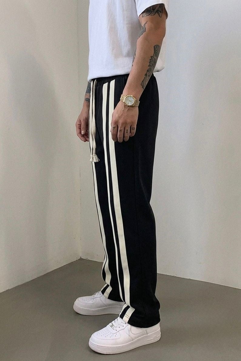Çift Çizgili Baggy Eşofman Siyah