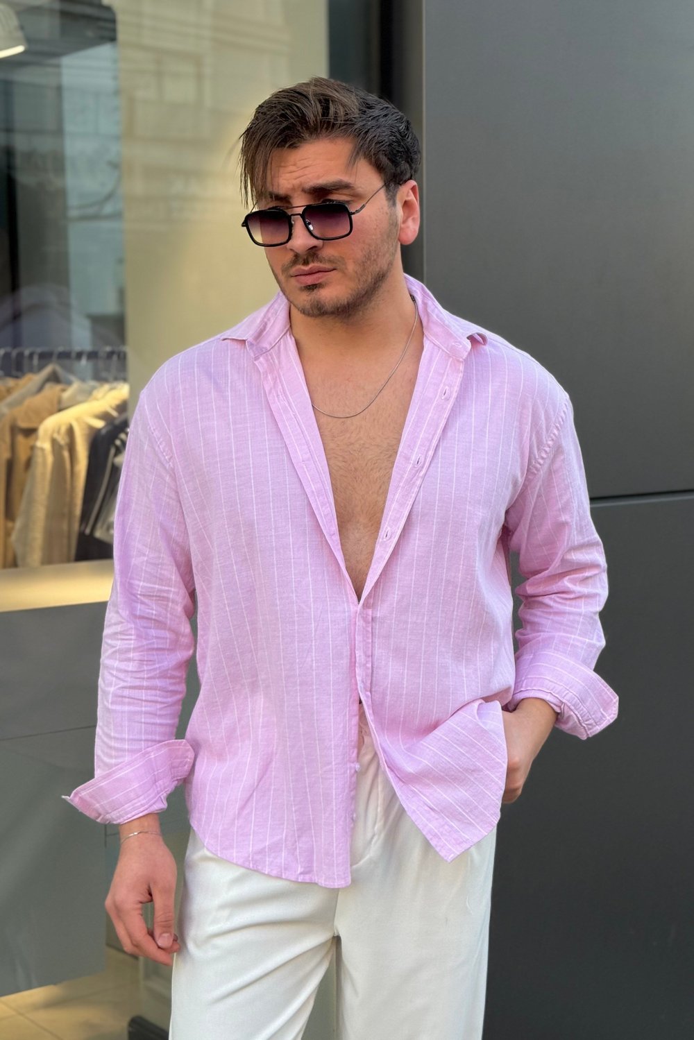 Çizgili Keten Karışımlı Oversize Gömlek Pembe