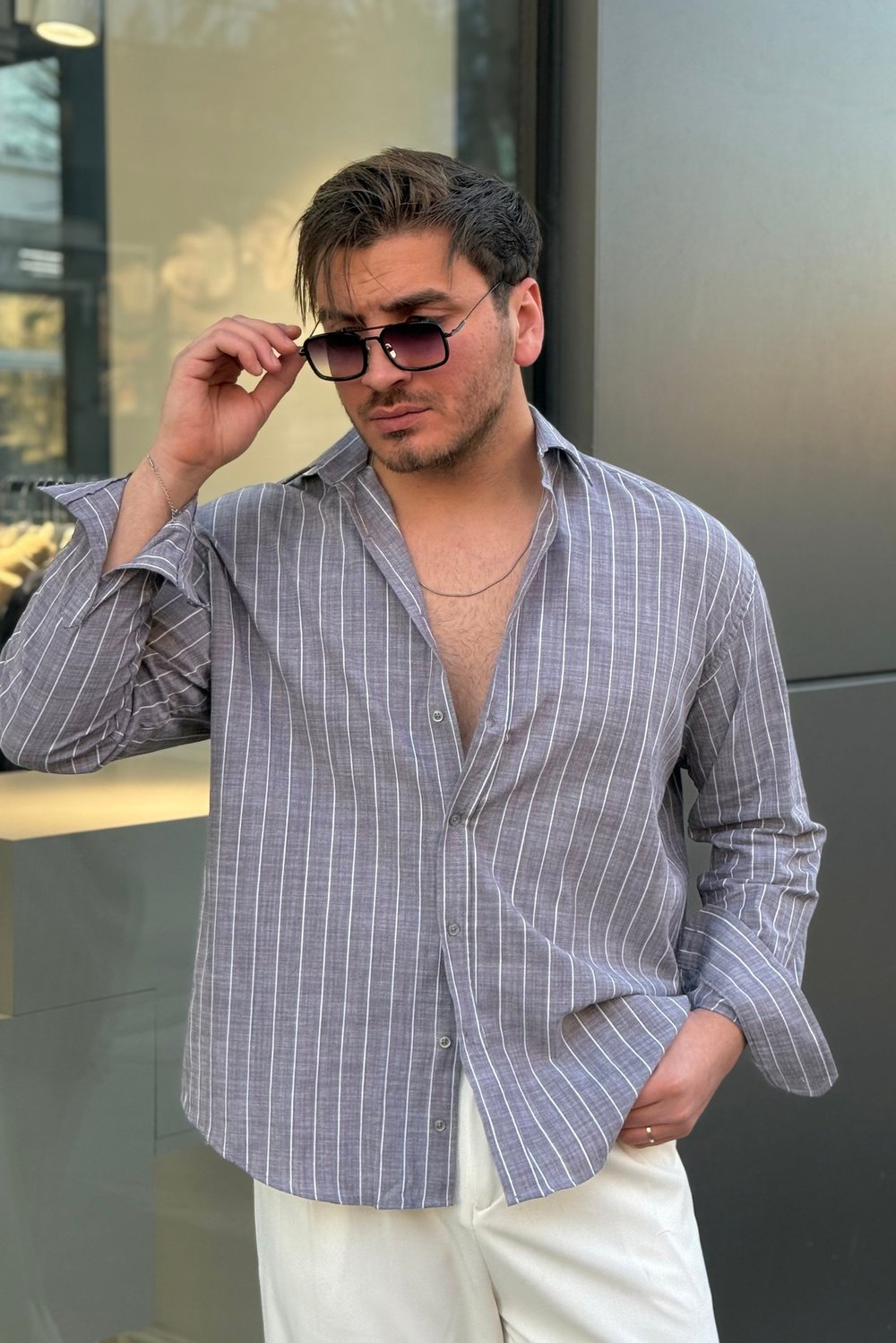 Çizgili Keten Karışımlı Oversize Gömlek Gri