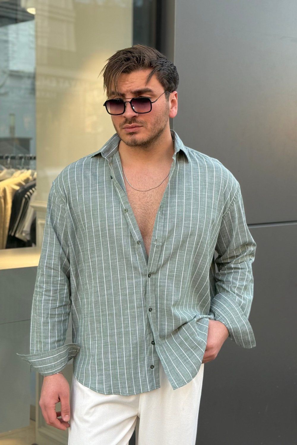 Çizgili Keten Karışımlı Oversize Gömlek Yeşil