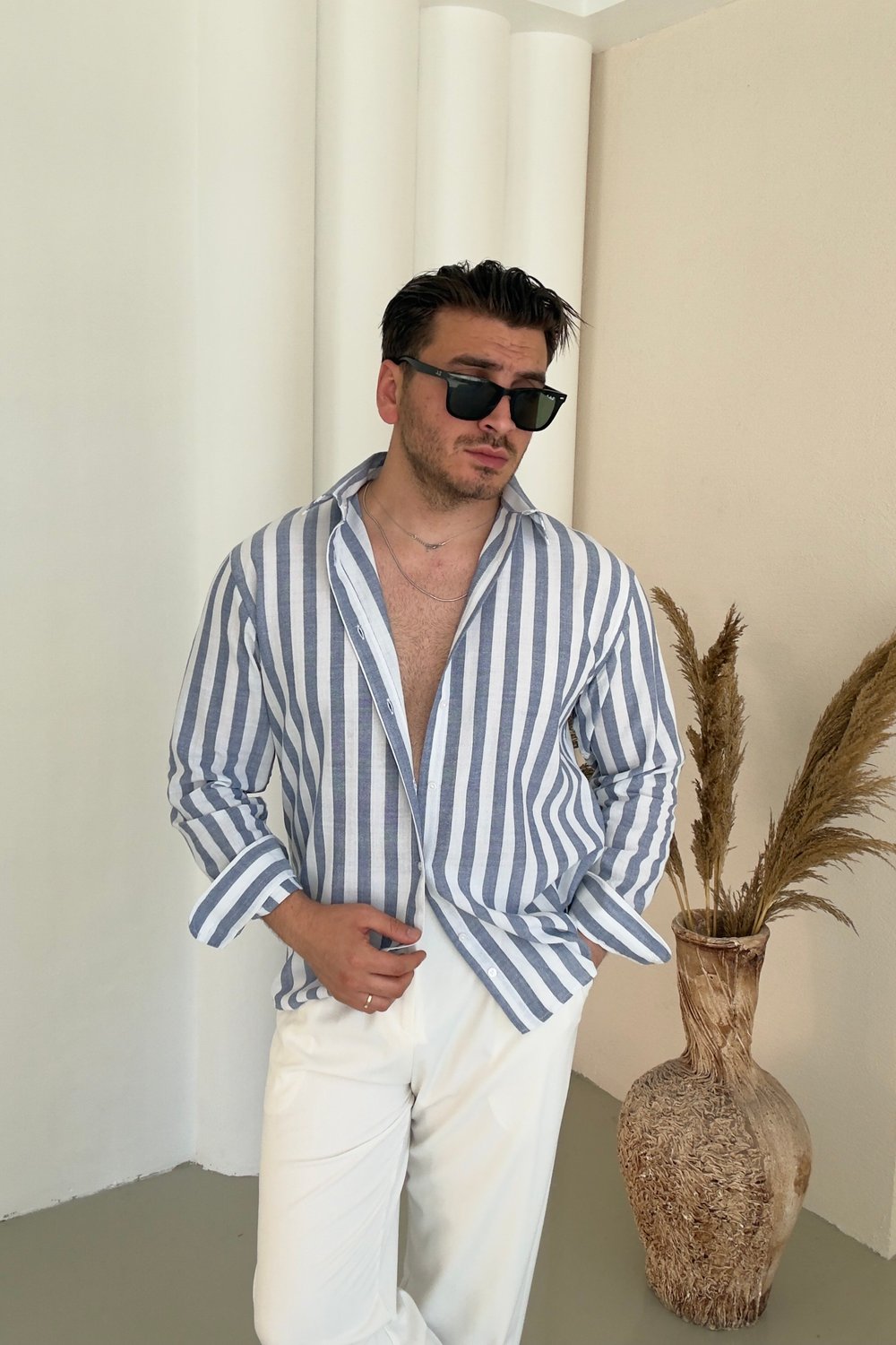 Çizgili Keten Oversize Gömlek Füme