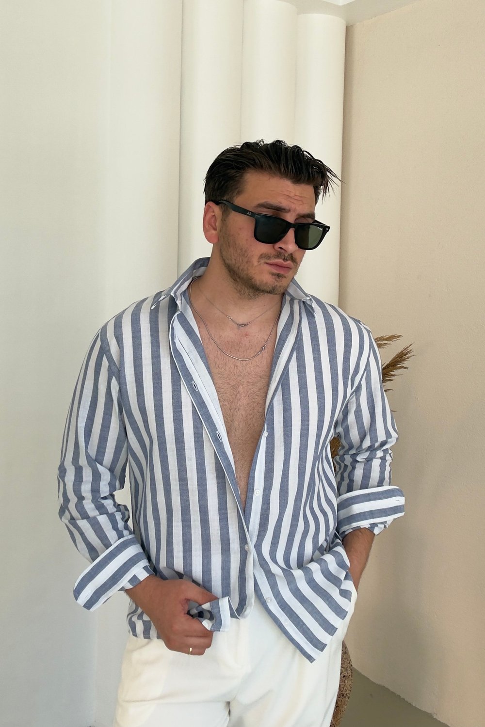 Çizgili Keten Oversize Gömlek Füme