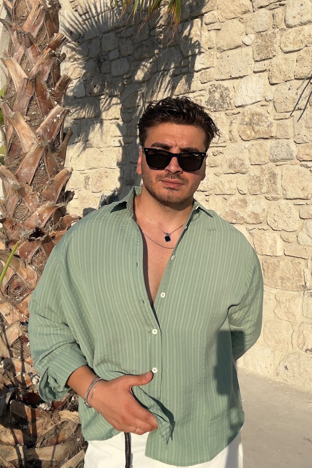 Çizgili Mono Oversize Gömlek Haki