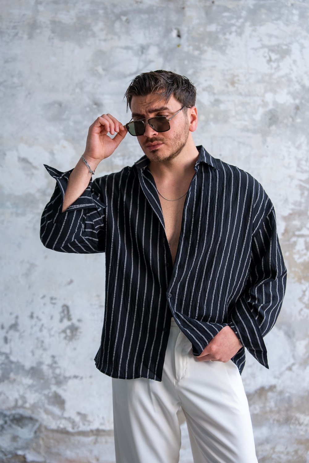 Çizgili Oversize Gömlek Siyah