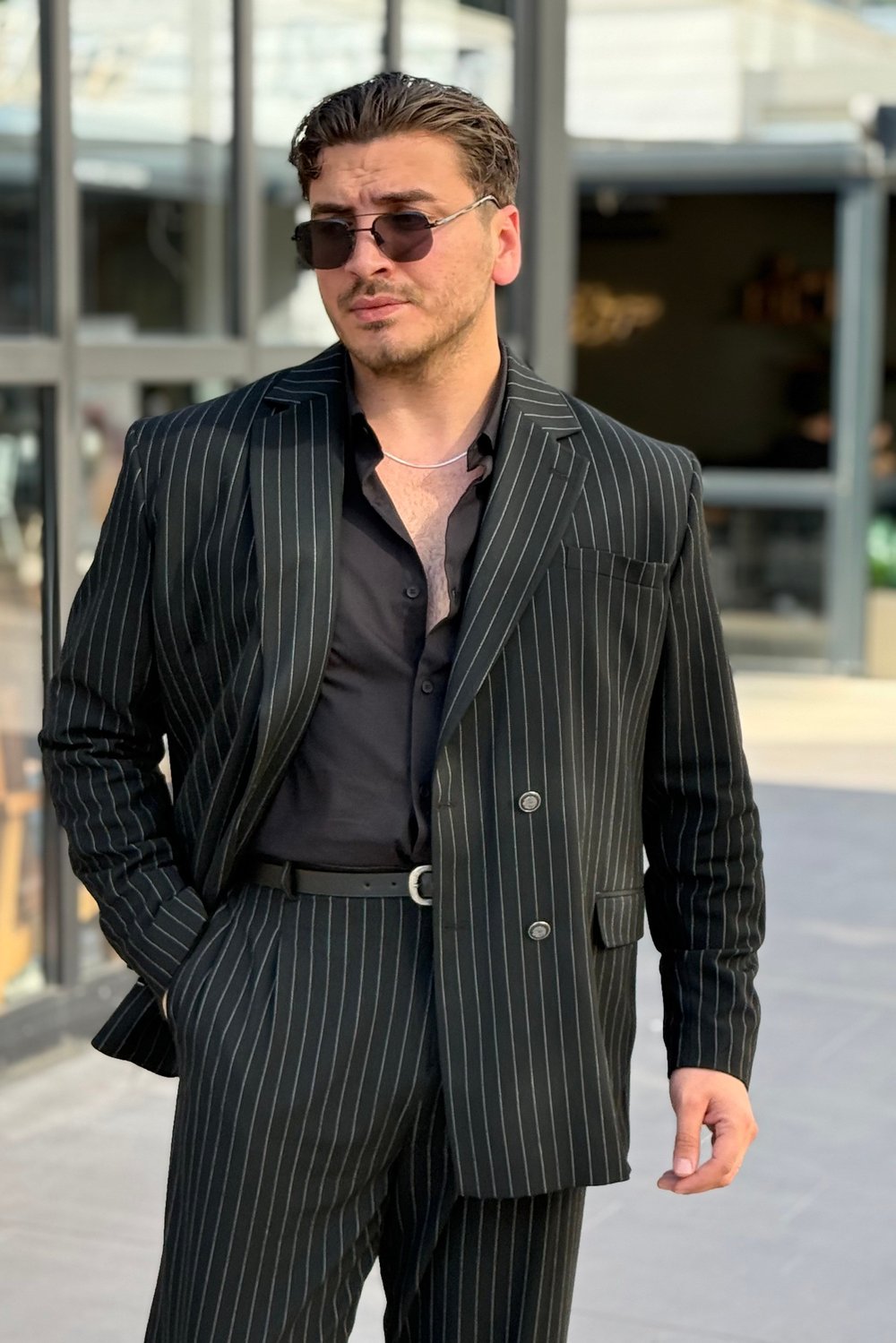 Çizgili Oversize Takım Elbise Siyah