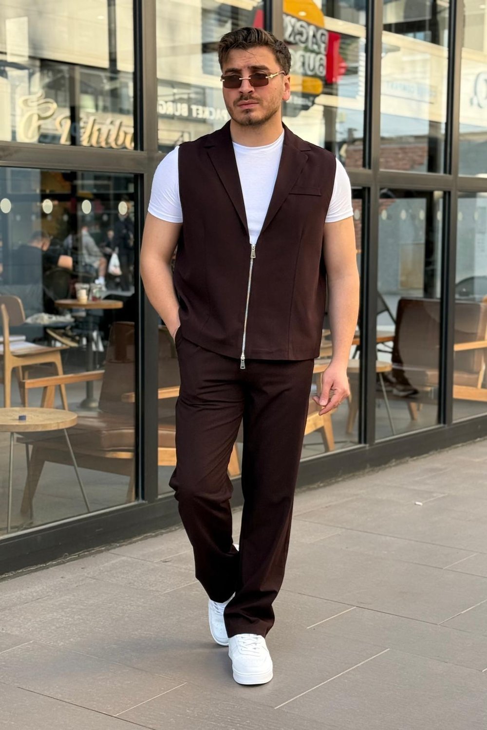 Fermuar Yelekli Klasik Takım Bordo
