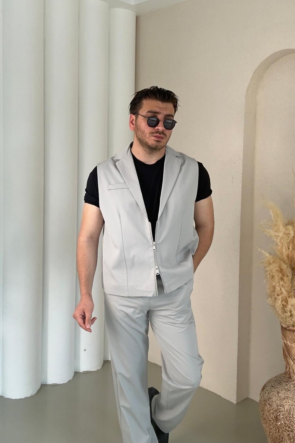 Fermuar Yelekli Klasik Takım Gri