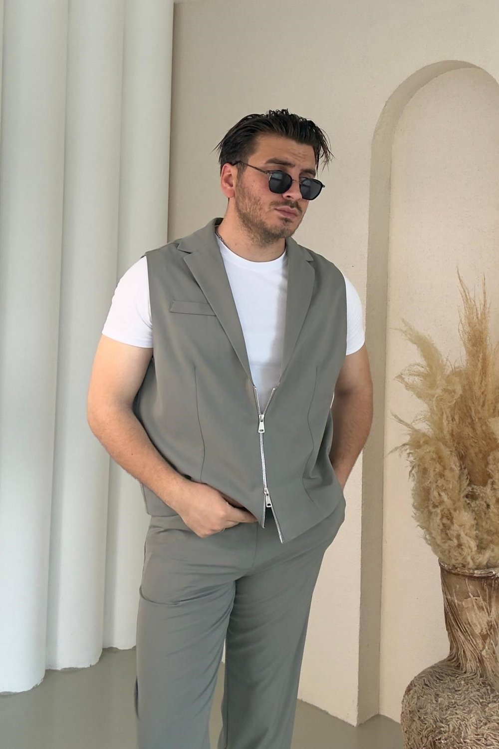 Fermuar Yelekli Klasik Takım Su Yeşili