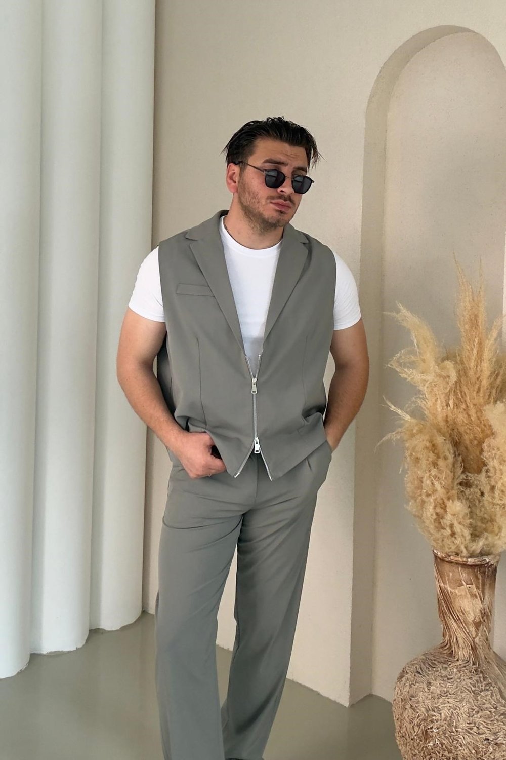 Fermuar Yelekli Klasik Takım Su Yeşili
