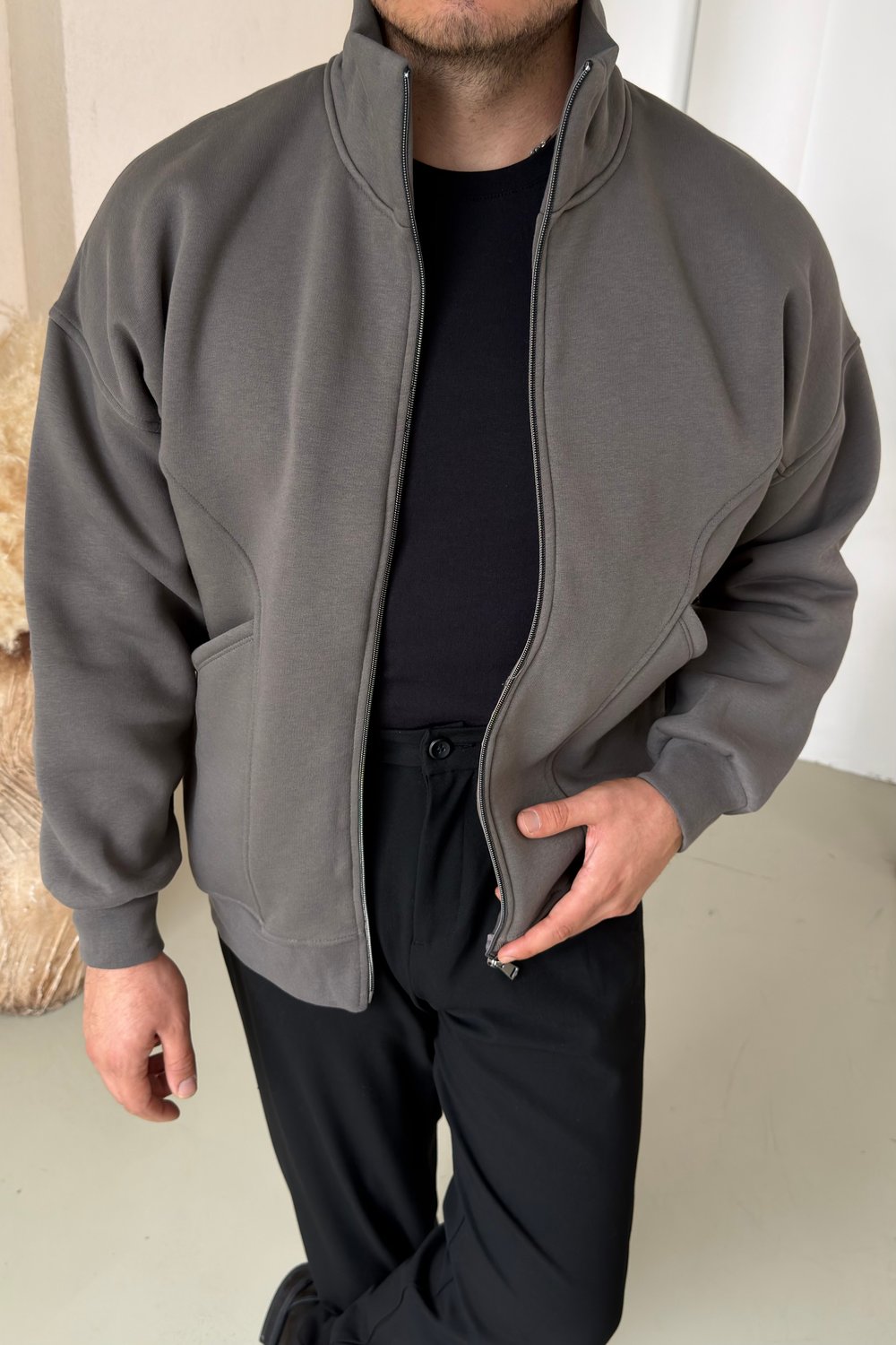 Fermuarlı Basic Sweatshirt Antrasit