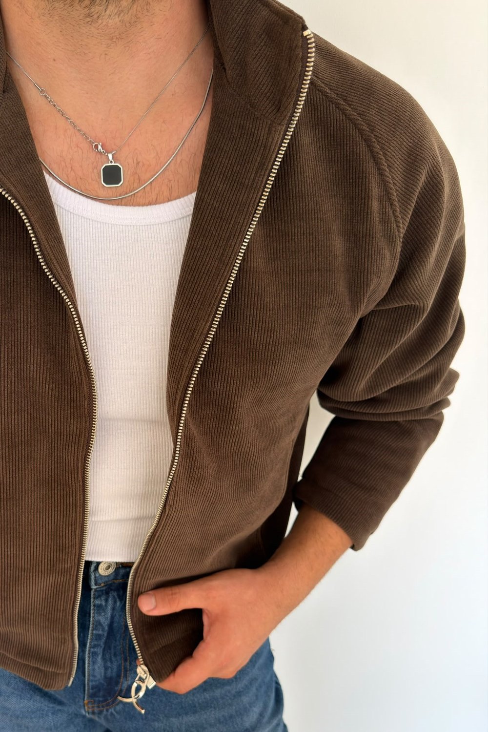 Fermuarlı Hafif Oversize Hırka Kahve
