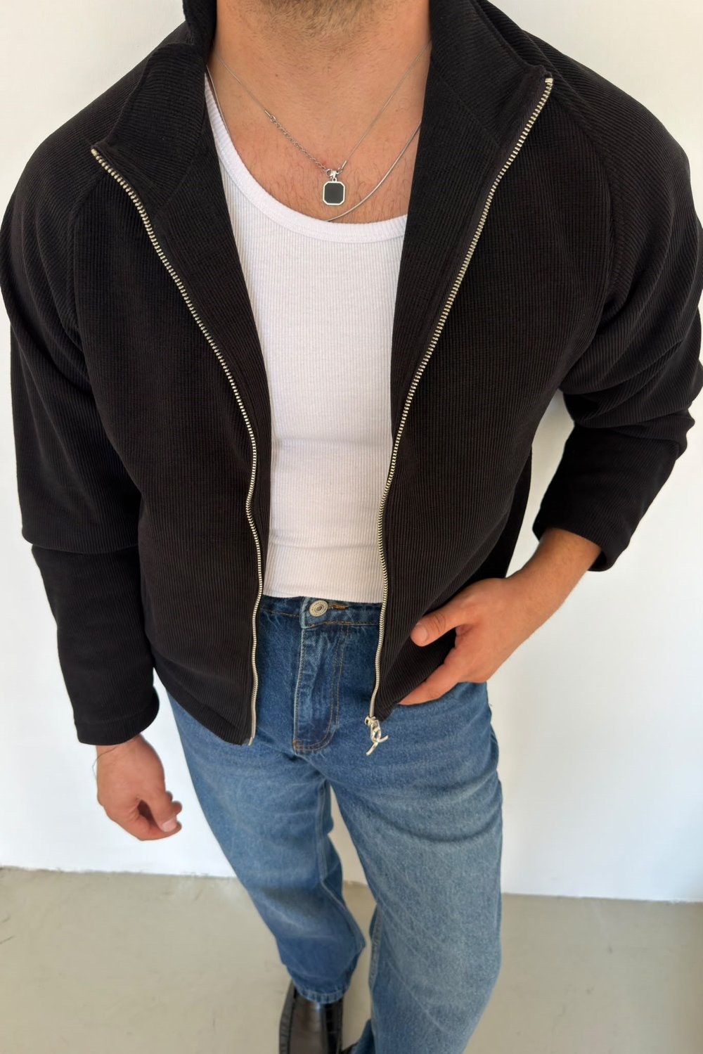 Fermuarlı Hafif Oversize Hırka Siyah