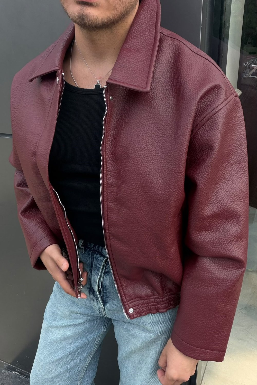 Gömlek Yaka Bomber Deri Ceket Bordo