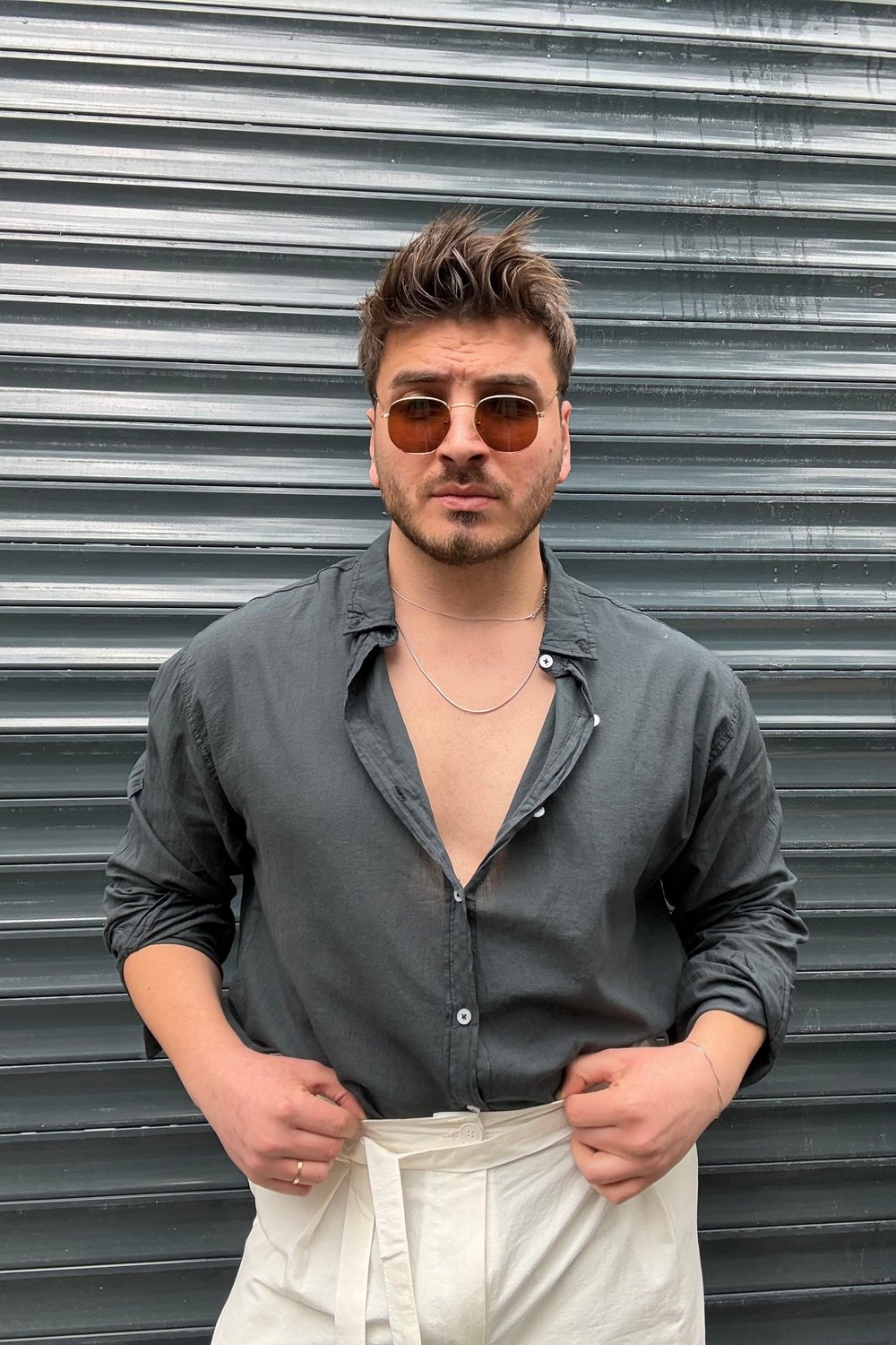 İnce Keten Oversize Gömlek Füme